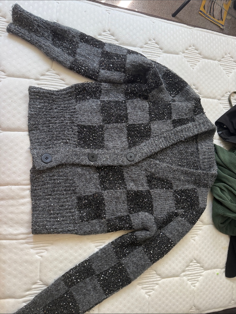 Gray Checkered Button-Front Women's Sweater Cardigan